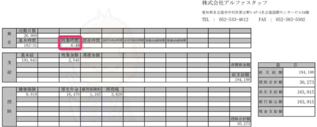 アルファリゾート　週40時間残業　給料明細