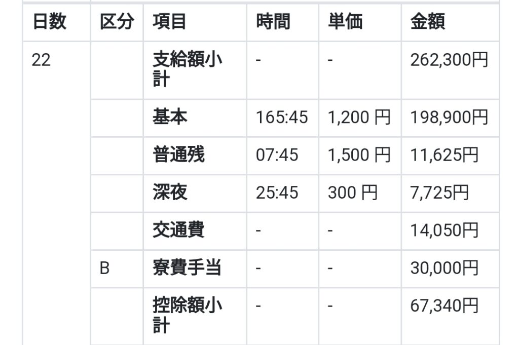 リゾートバイト　給料明細　3月　東京