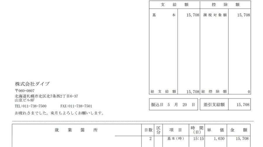 リゾートバイト　1週間　短期　2021年5月　給料明細