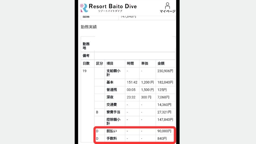 リゾートバイト　前払い　ダイブ　給料明細